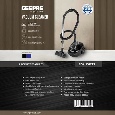 Geepas GVC19033 Vacuum Cleaner | 2200W Powerful Motor | 3L Dust Bag | 5-Stage Filtration | Speed Control | Low Noise Design | Automatic Cord Rewinder| 2 Years Warranty