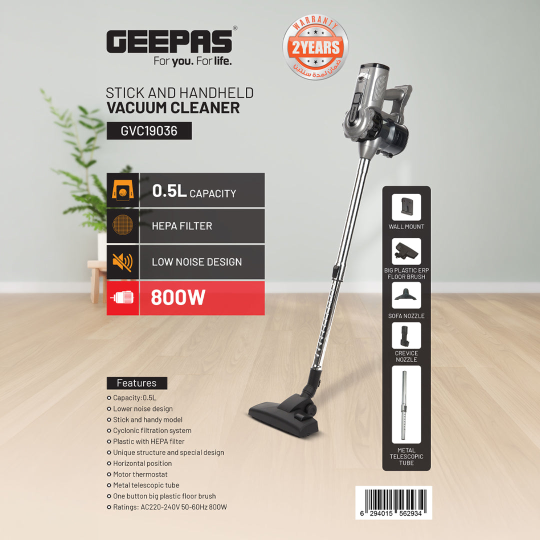 Geepas GVC19036 Stick & Handheld Vacuum Cleaner | 800W Power| 0.5L Capacity| HEPA Filter| Low Noise Design| Metal Telescopic Tube|  Multiple Nozzles| 2 Years Warranty