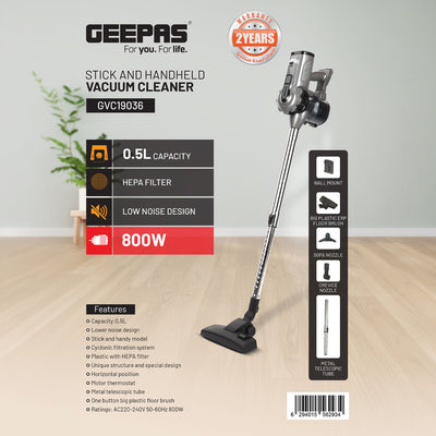 Geepas GVC19036 Stick & Handheld Vacuum Cleaner | 800W Power| 0.5L Capacity| HEPA Filter| Low Noise Design| Metal Telescopic Tube|  Multiple Nozzles| 2 Years Warranty