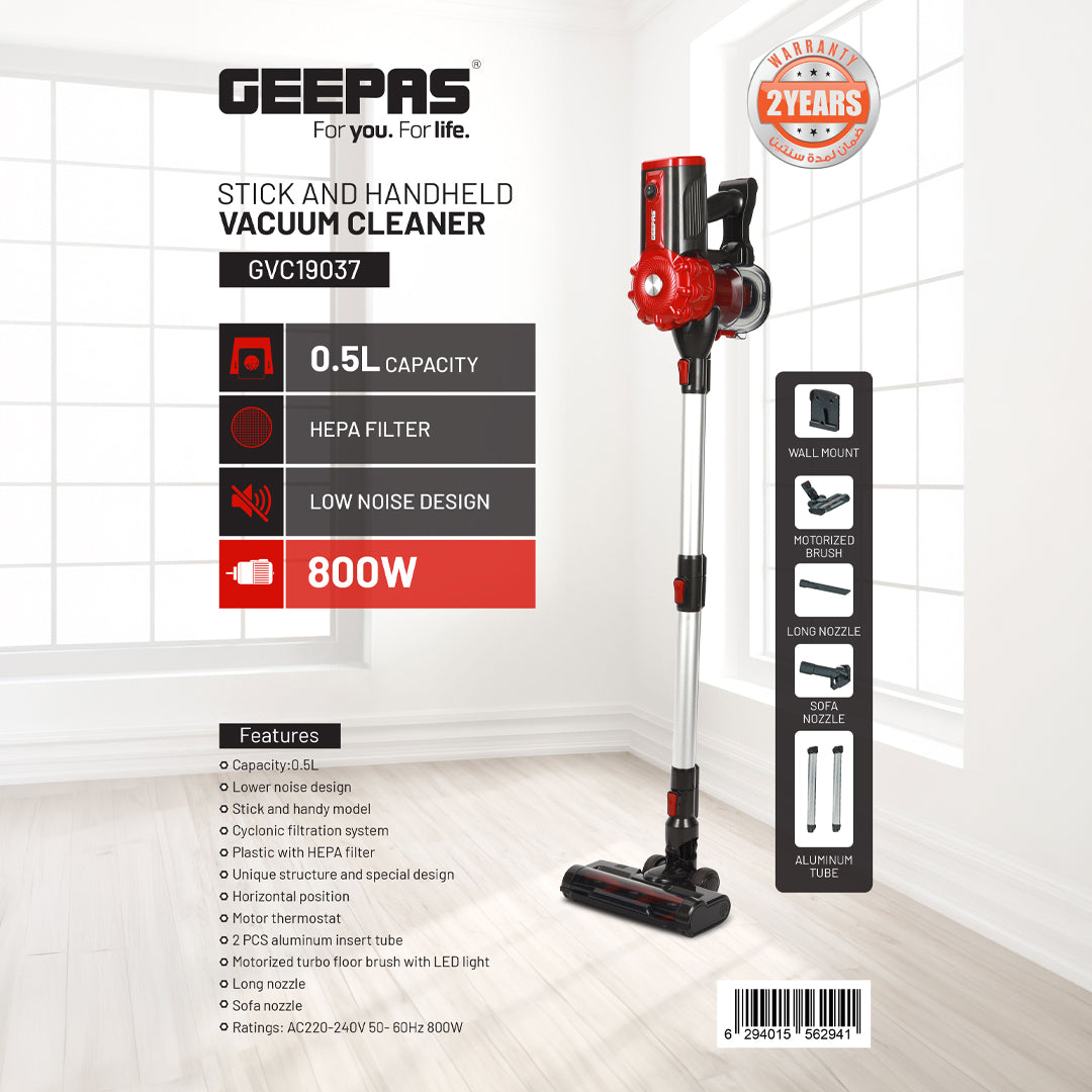 Geepas GVC19037 Stick & Handheld Vacuum Cleaner | 800W Power| 0.5L Capacity| HEPA Filter| Motorized Turbo Brush with LED Light | 2 PCS Aluminum Tube | 2 Years Warranty