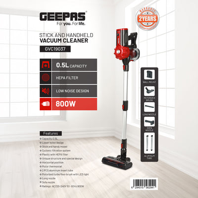 Geepas GVC19037 Stick & Handheld Vacuum Cleaner | 800W Power| 0.5L Capacity| HEPA Filter| Motorized Turbo Brush with LED Light | 2 PCS Aluminum Tube | 2 Years Warranty