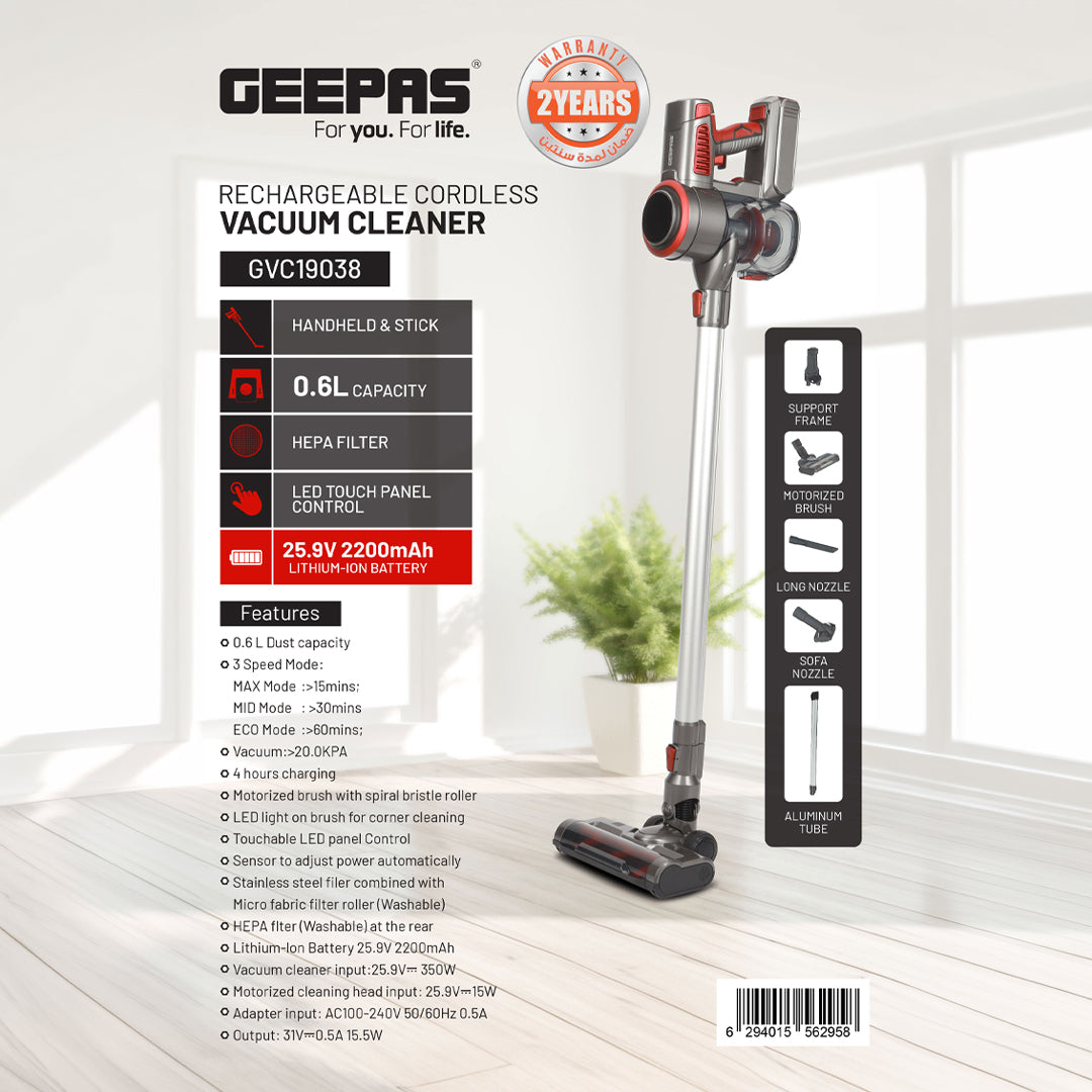Geepas GVC19038 Rechargeable Cordless Vacuum Cleaner | 0.6L Capacity | 20KPA Suction| 3-Speed Mode| LED Touch Panel | HEPA Filter| Motorized Brush | 2 Years Warranty