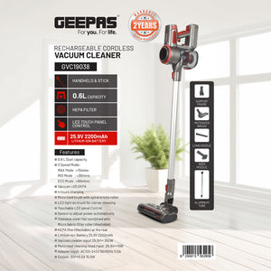 Geepas GVC19038 Rechargeable Cordless Vacuum Cleaner | 0.6L Capacity | 20KPA Suction| 3-Speed Mode| LED Touch Panel | HEPA Filter| Motorized Brush | 2 Years Warranty