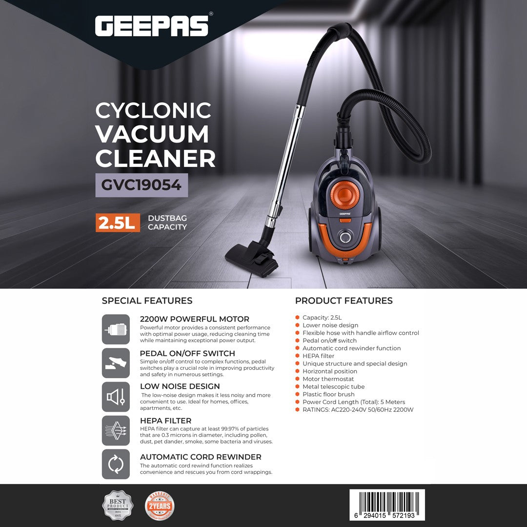 Geepas GVC19054 Cyclonic Vacuum Cleaner |  2200W Powerful Motor | 2.5L Dust Capacity| HEPA Filter | Low Noise Design | Automatic Cord Rewinder for Home Cleaning