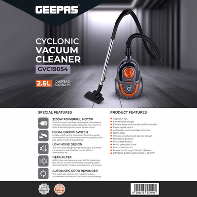 Geepas GVC19054 Cyclonic Vacuum Cleaner |  2200W Powerful Motor | 2.5L Dust Capacity| HEPA Filter | Low Noise Design | Automatic Cord Rewinder for Home Cleaning