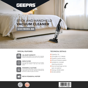 Geepas GVC19055-BK Stick & Handheld Vacuum Cleaner | 600W Powerful Suction Motor | HEPA Filter | 2-in-1 Ultra-Light Design with 1.2L Dust Capacity for Home Cleaning