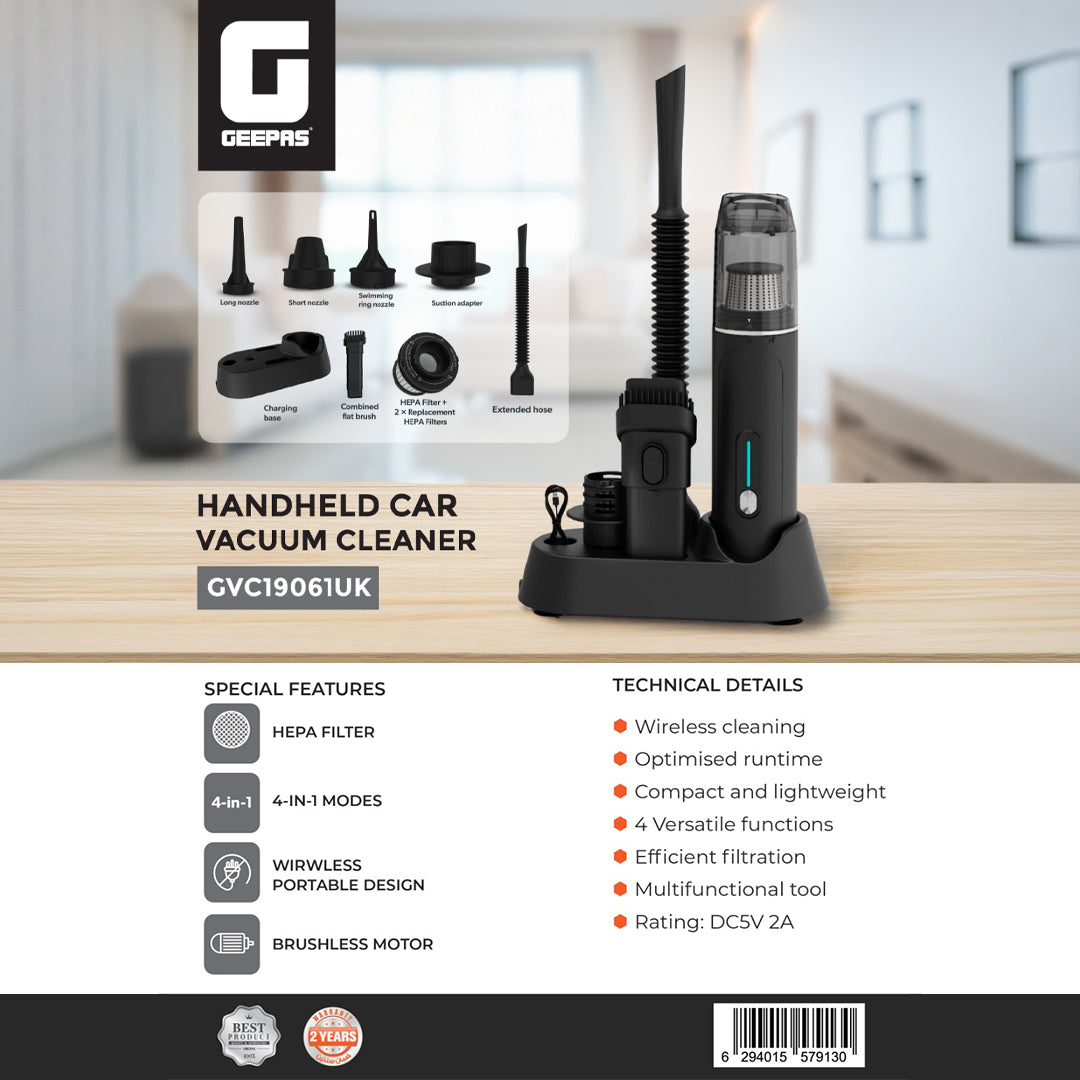 Geepas GVC19061UK Handheld Car Vacuum Cleaner |  HEPA Filter |  4-in-1 Cleaning Modes |  Wireless Portable Design | Optimised Runtime & Multifunction Attachments