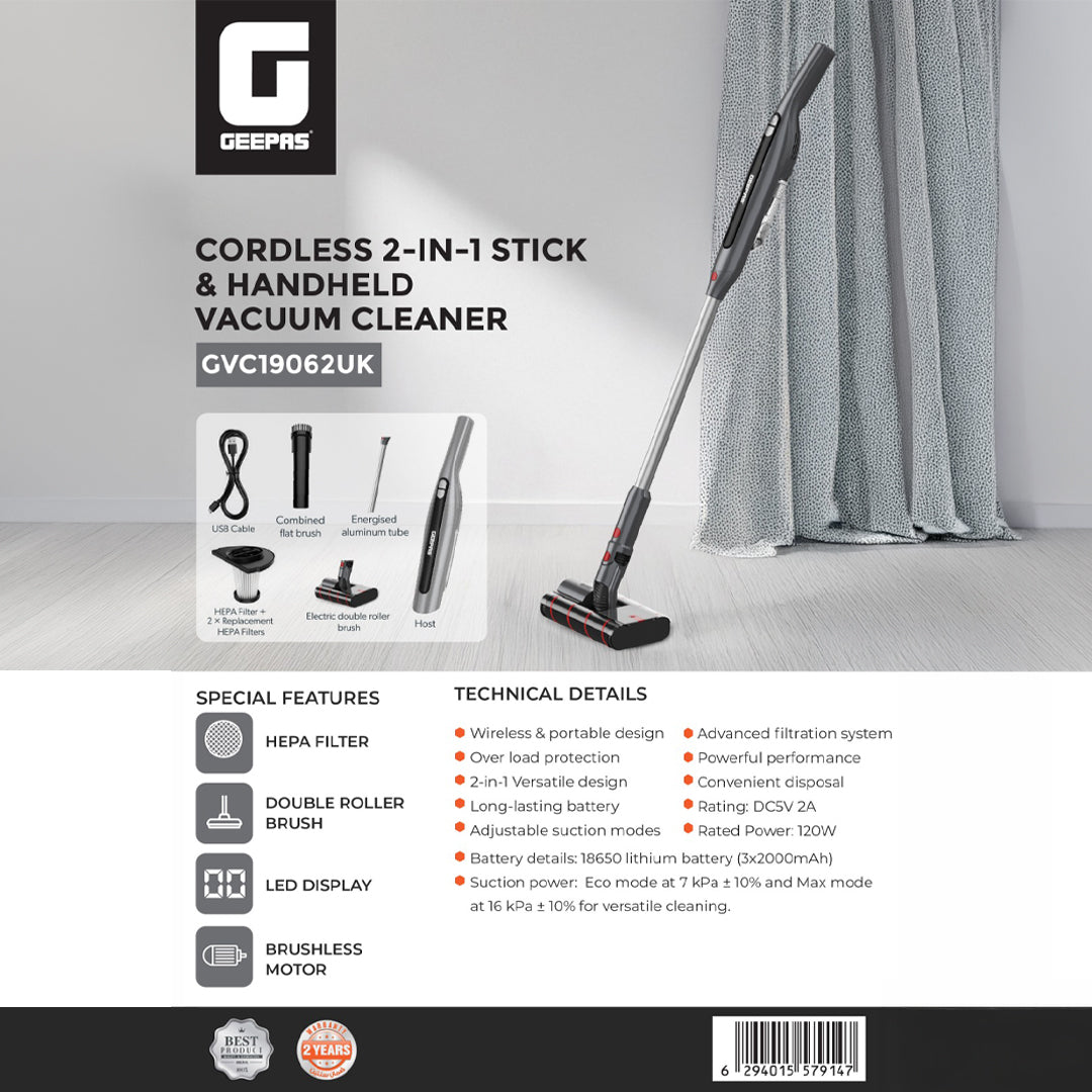 Geepas GVC19062UK Cordless 2-in-1 Stick & Handheld Vacuum Cleaner |HEPA Filter |Double Roller Brush | LED Display |Powerful Brushless Motor| Cordless & Lightweight Design