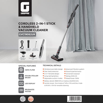 Geepas GVC19062UK Cordless 2-in-1 Stick & Handheld Vacuum Cleaner |HEPA Filter |Double Roller Brush | LED Display |Powerful Brushless Motor| Cordless & Lightweight Design