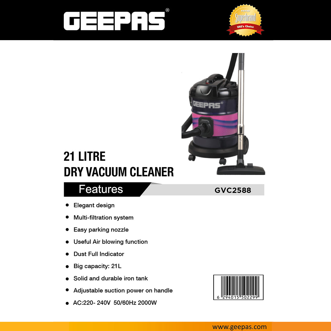 Geepas GVC2588 Dry Vacuum Cleaner | 2000W Powerful Motor | 21L Large Capacity | Adjustable Suction | Multi-Filtration System | Air Blowing Function | 2 Years Warranty