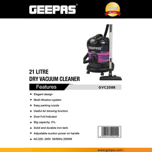 Geepas GVC2588 Dry Vacuum Cleaner | 2000W Powerful Motor | 21L Large Capacity | Adjustable Suction | Multi-Filtration System | Air Blowing Function | 2 Years Warranty