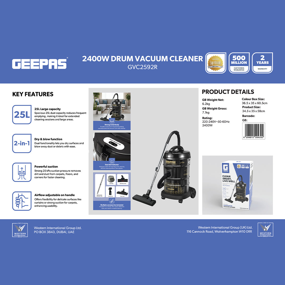 Geepas 2300 W Drum Vacuum Cleaner- GVC2592/ 25 L Dust Bag Capacity with Elegant Body, Iron Tank/ Powerful Suction, Dry and Blow Function, Full Indicator