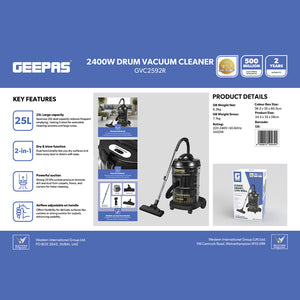 Geepas 2300 W Drum Vacuum Cleaner- GVC2592/ 25 L Dust Bag Capacity with Elegant Body, Iron Tank/ Powerful Suction, Dry and Blow Function, Full Indicator
