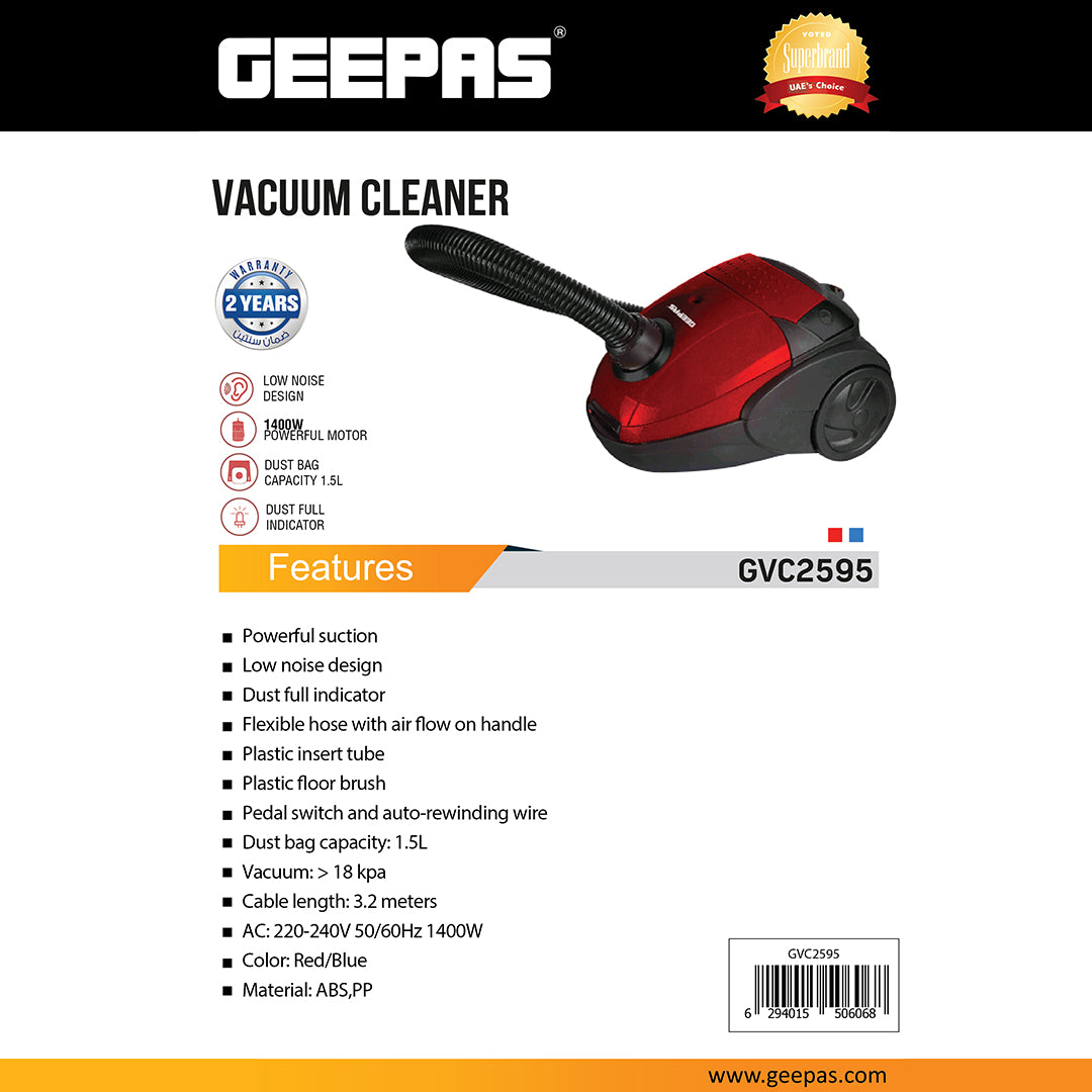 Geepas GVC2595 Vacuum Cleaner | 1400W Powerful Motor| >18kPa Suction| 1.5L Dust Bag| Low Noise| Auto Cord Rewind | Dust Full Indicator| 3.2m Cable |  2-Year Warranty