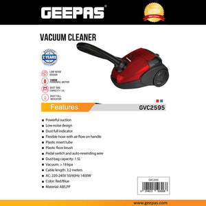 Geepas GVC2595 Vacuum Cleaner | 1400W Powerful Motor| >18kPa Suction| 1.5L Dust Bag| Low Noise| Auto Cord Rewind | Dust Full Indicator| 3.2m Cable |  2-Year Warranty
