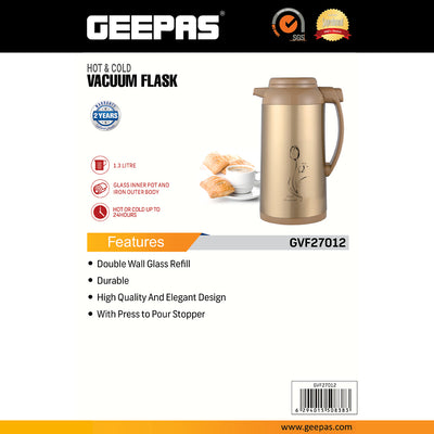 Geepas GVF27012 Vacuum Flask| 1.3L Capacity | Double Wall Glass Refill | Glass Inner Pot for Maximum Heat Retention | 24 Hours Hot & Cold Thermos |  2 Years Warranty
