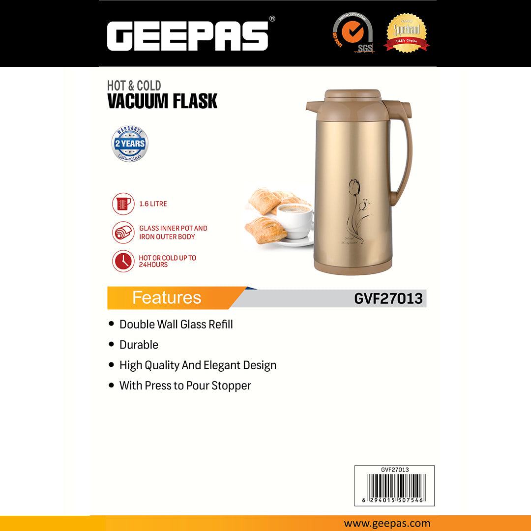 Geepas GVF27013  Vacuum Flask | 1.6 L| Glass Inner Pot with Double Wall Insulation |Keeps Beverages Hot & Cold for 24 Hours | Leak Proof, Easy to Clean| 2 Years Warranty