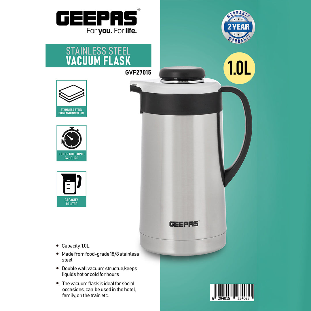 Geepas Stainless Steel Vacuum Flask GVF27015 | 1.0L | Double Wall Insulated Thermos Bottle| Keeps Beverages Hot & Cold up to 24 Hours| Leak-Proof | 2 Years Warranty