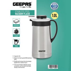 Geepas Stainless Steel Vacuum Flask GVF27015 | 1.0L | Double Wall Insulated Thermos Bottle| Keeps Beverages Hot & Cold up to 24 Hours| Leak-Proof | 2 Years Warranty