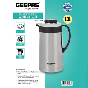 Geepas GVF27016 Stainless Steel Vacuum Flask |  1.3 L| Double Wall Insulation Keeps Beverages Hot & Cold for Long Hours | Leak Proof | Easy to Clean | 2 Years Warranty