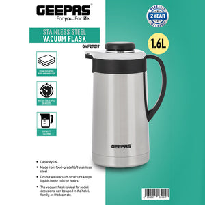 Geepas GVF27017 Stainless Steel Vacuum Flask| 1.6L| Double Wall Insulated Thermos Bottle | Keeps Beverages Hot & Cold for up to 24 Hours | Leak-Proof| 2 Years Warranty