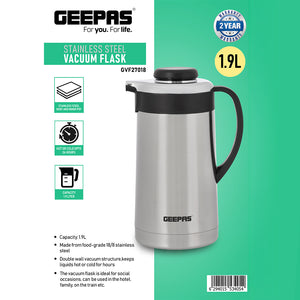 Geepas GVF27018 Stainless Steel Vacuum Flask| 1.9L Capacity |Double Wall Insulated Thermos | Keeps Beverages Hot & Cold up to 24 Hours | Durable Design | 2 Years Warranty