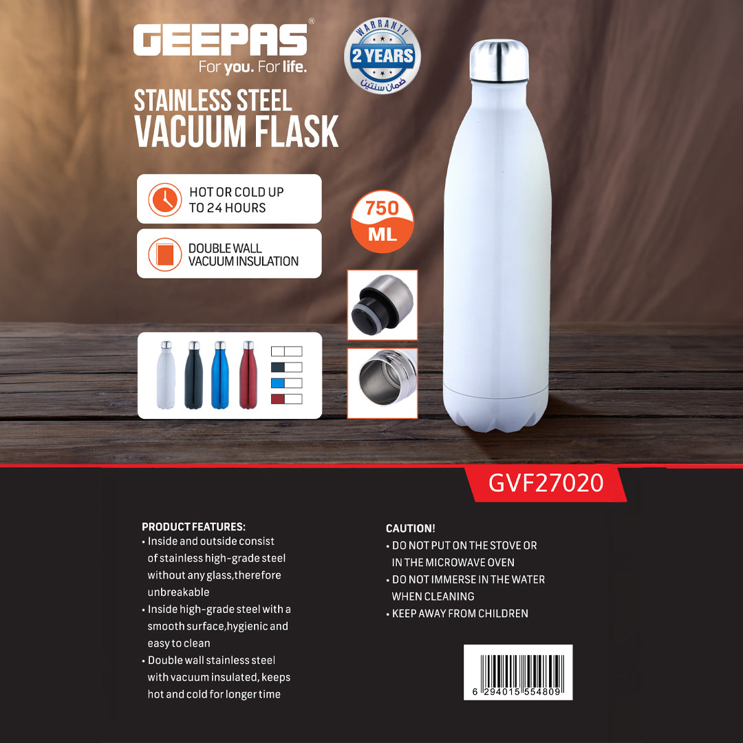 Geepas GVF27020 Stainless Steel Vacuum Flask| 750ml| Double Wall Insulation Keeps Beverages Hot & Cold up to 24 Hours |Leak Proof Design | Stylish Look | 2 Years Warranty