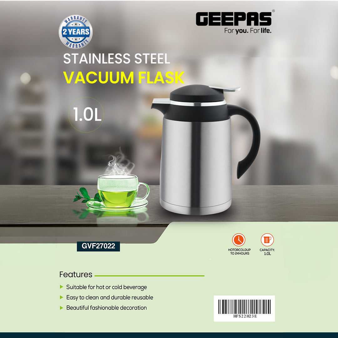 Geepas Stainless Steel Vacuum Flask GVF27022 |1.0L Capacity |Keeps Drinks Hot or Cold for Hours |Durable Build, Easy to Clean, Reusable & Stylish Design |2 Years Warranty