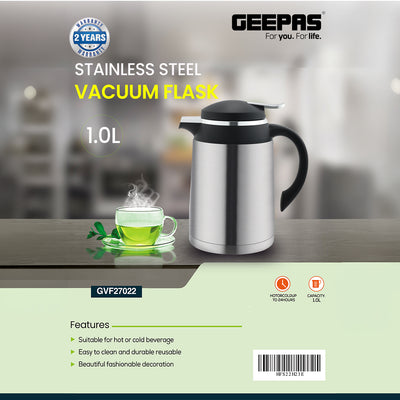 Geepas Stainless Steel Vacuum Flask GVF27022 |1.0L Capacity |Keeps Drinks Hot or Cold for Hours |Durable Build, Easy to Clean, Reusable & Stylish Design |2 Years Warranty