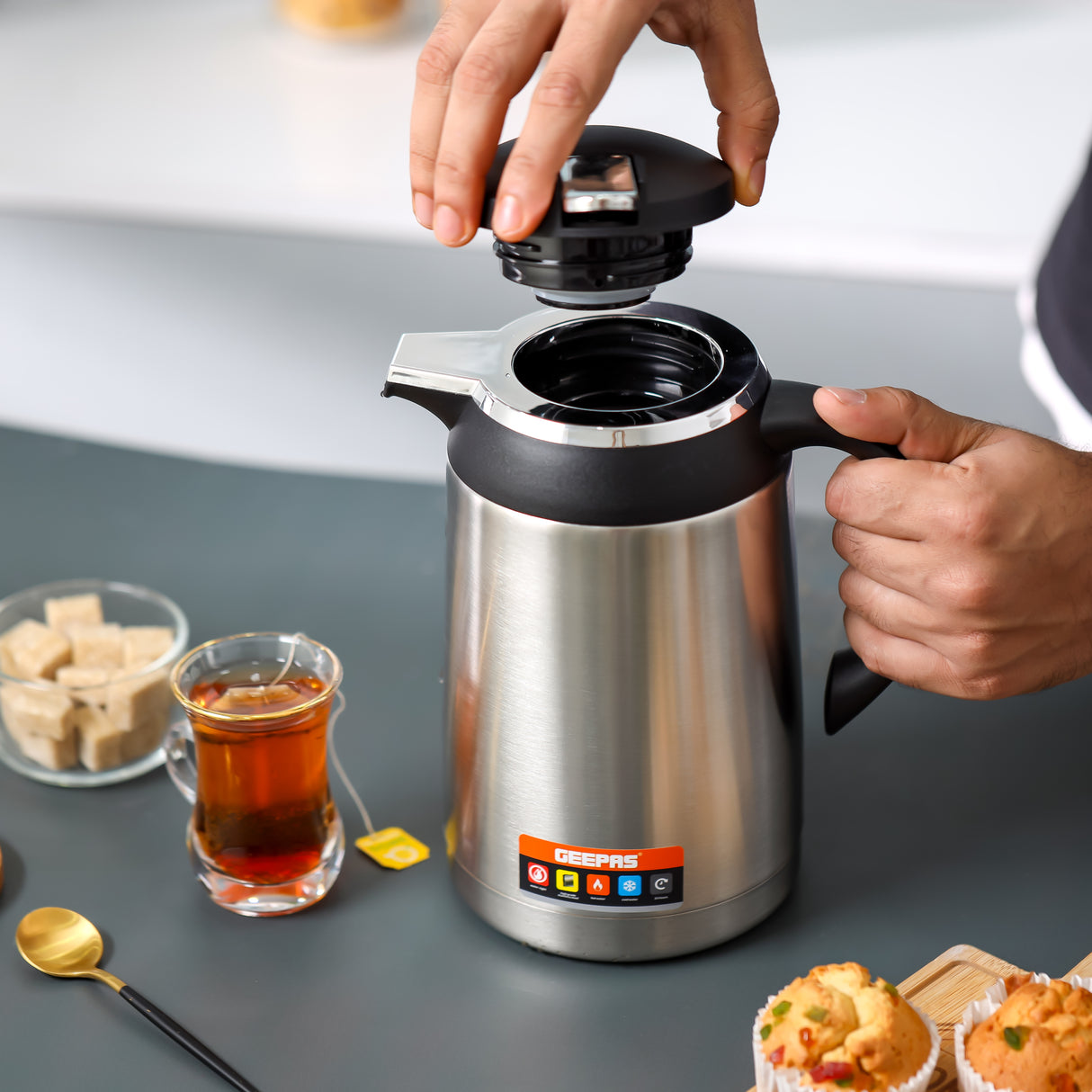 Geepas 1.3 L Stainless Steel Vacuum Flask- GVF27023|Keeps Beverages Hot & Cold for 24H |Easy to Carry, Comfortable Grip | Perfect for Home, Office, Camping|2Year Warranty