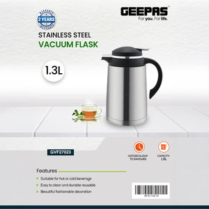 Geepas 1.3 L Stainless Steel Vacuum Flask- GVF27023|Keeps Beverages Hot & Cold for 24H |Easy to Carry, Comfortable Grip | Perfect for Home, Office, Camping|2Year Warranty