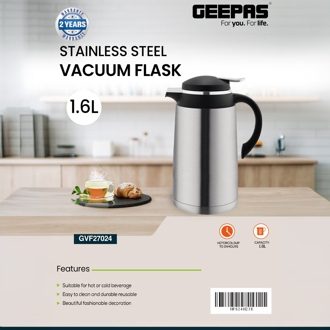 Geepas GVF27024 1.6L Stainless Steel Vacuum Flask | Keeps Hot & Cold for 24H | Easy to Carry, Comfortable Grip | Ideal for Home, Office, Camping etc | 2 Years Warranty