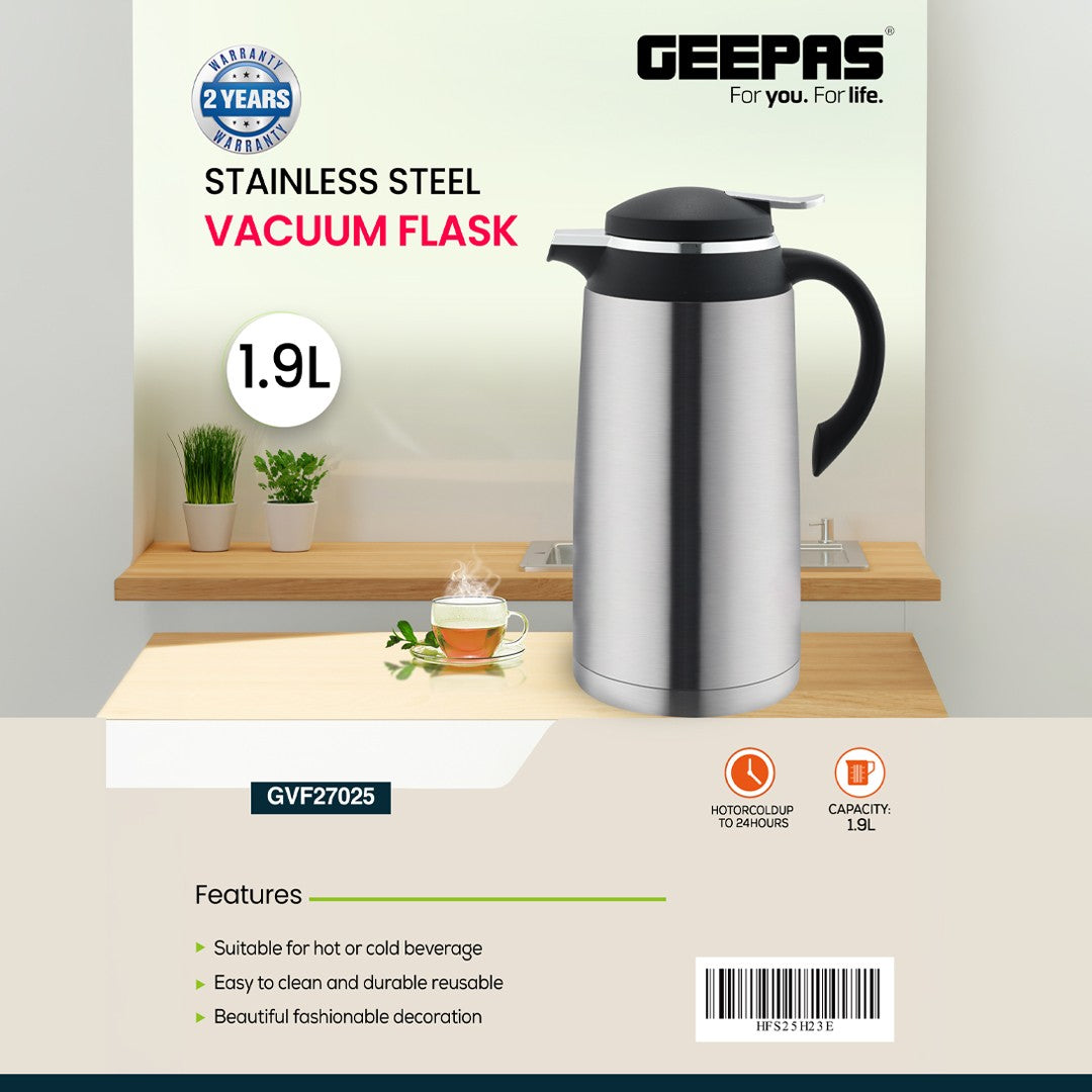 Geepas GVF27025  Stainless Steel Vacuum Flask | 1.9 L Capacity| Double Wall Insulation| Hot & Cold Beverage Flask Up to 24 Hours | Easy to Clean | 2-Year Warranty