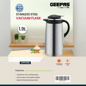 Geepas GVF27025  Stainless Steel Vacuum Flask | 1.9 L Capacity| Double Wall Insulation| Hot & Cold Beverage Flask Up to 24 Hours | Easy to Clean | 2-Year Warranty