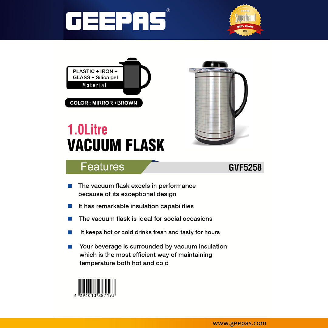 Geepas GVF5258  Vacuum Flask |1.0 Litre| Double Wall Insulation Keeps Beverages Hot & Cold for Long Hours | Durable Stainless Steel Body | Elegant Design | Easy to Clean