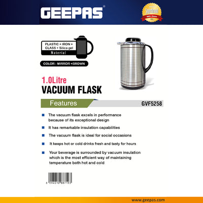 Geepas GVF5258  Vacuum Flask |1.0 Litre| Double Wall Insulation Keeps Beverages Hot & Cold for Long Hours | Durable Stainless Steel Body | Elegant Design | Easy to Clean