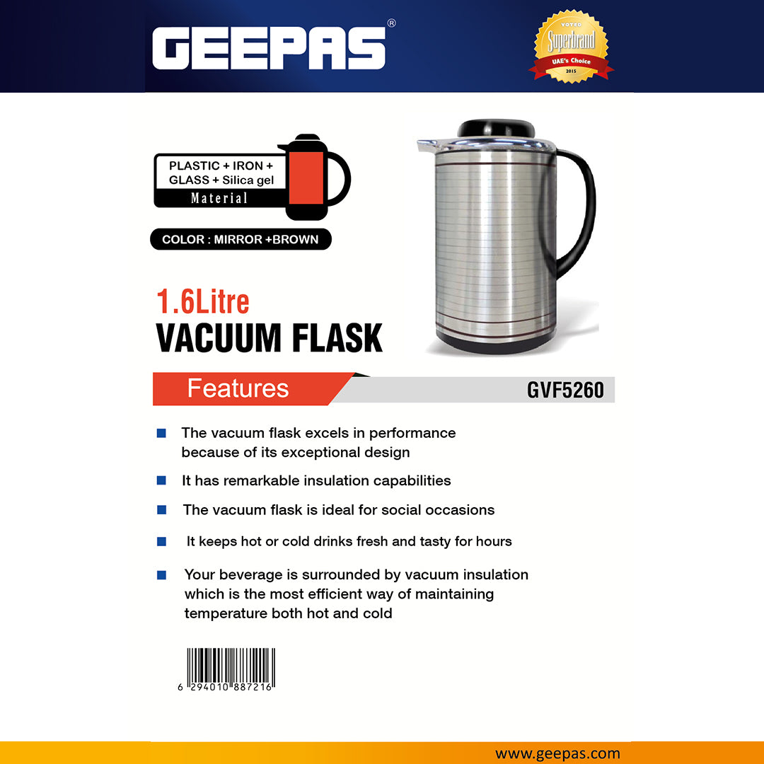 Geepas GVF5260 Vacuum Flask |  1.6 Litre Capacity| Mirror + Brown Finish | Plastic, Iron, Glass & Silica Gel Material | Hot & Cold Beverage Insulation | 2-Year Warranty