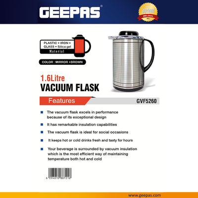 Geepas GVF5260 Vacuum Flask |  1.6 Litre Capacity| Mirror + Brown Finish | Plastic, Iron, Glass & Silica Gel Material | Hot & Cold Beverage Insulation | 2-Year Warranty