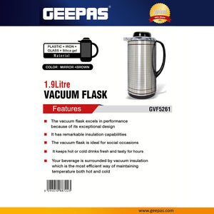 Geepas GVF5261  Vacuum Flask | 1.9L Capacity |  Hot & Cold Insulation | Durable Plastic, Iron, Glass, Silica Gel Material | Keeps Drinks Fresh | 2 Years Warranty