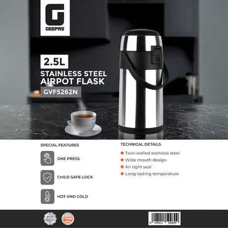 Geepas GVF5262 2.5L Stainless Steel Airpot Flask | Vacuum Insulated Hot & Cold Beverage Dispenser | One-press pump dispenser | Child safety lock  | Wide-mouth design