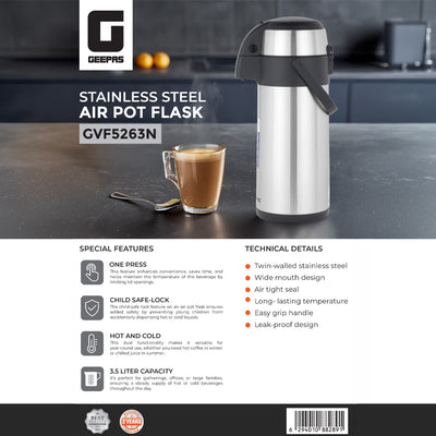 Geepas Stainless Steel Air Pot Flask, 3.5L Vacuum Flask, GVF5263 | Hot/Cold up to 24Hrs | Double-Walled Vacuum Flask for Coffee, Hot Water, Tea & More