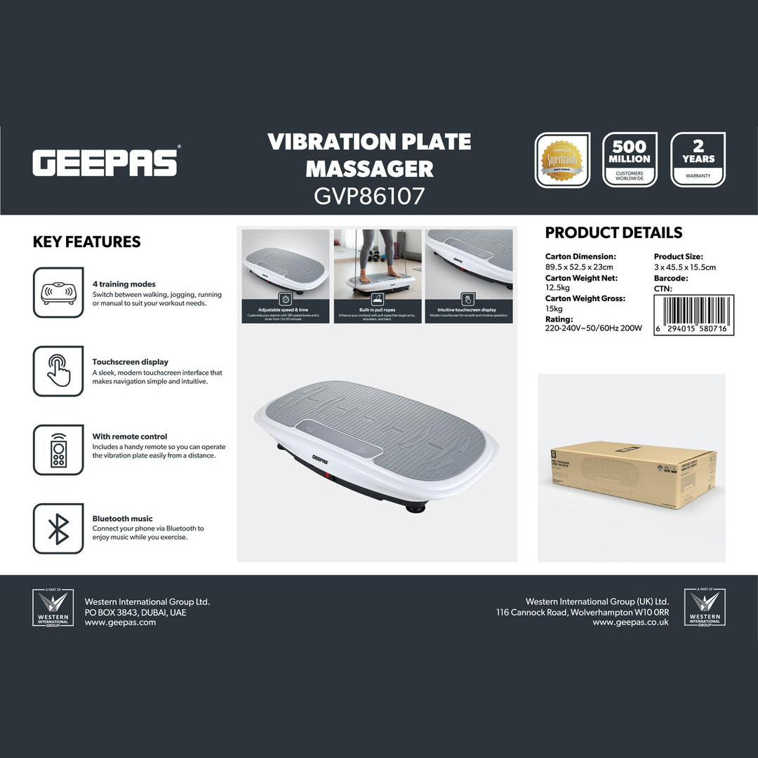 Geepas GVP86107 Vibration Plate Massager | Touchscreen Display | Bluetooth Music| Remote Control and 200W Powerful Motor for Full Body Home Fitness Training System