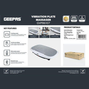 Geepas GVP86107 Vibration Plate Massager | Touchscreen Display | Bluetooth Music| Remote Control and 200W Powerful Motor for Full Body Home Fitness Training System