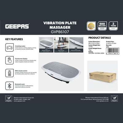 Geepas GVP86107 Vibration Plate Massager | Touchscreen Display | Bluetooth Music| Remote Control and 200W Powerful Motor for Full Body Home Fitness Training System