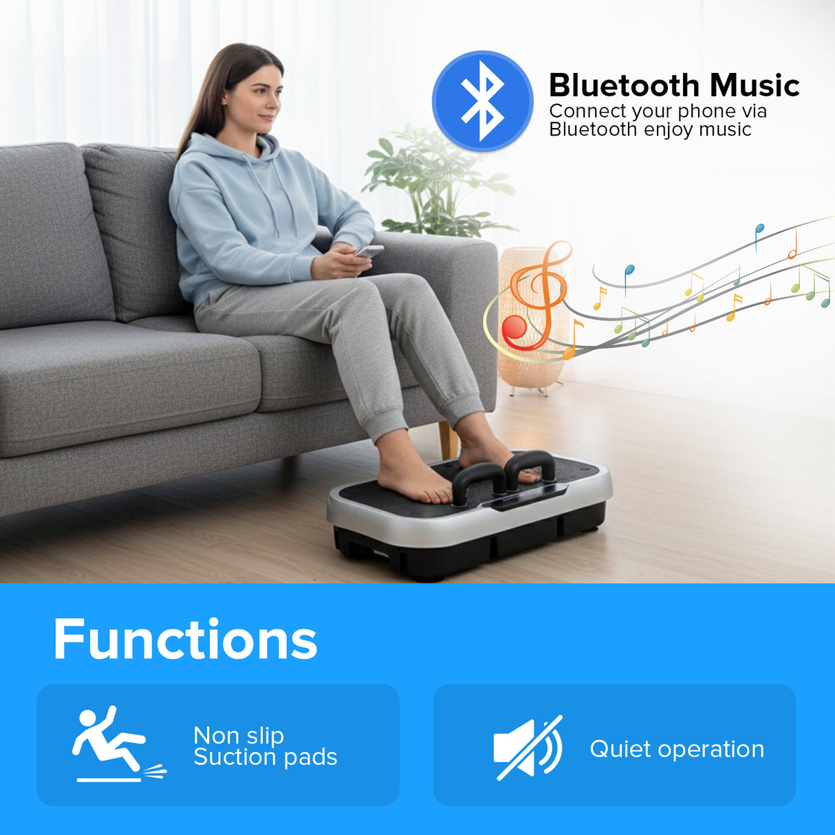Geepas GVP86108 Vibration Plate Massager for Full Body Fitness Training | 5 Modes| Bluetooth Music | Touchscreen Display| Remote Control & Pull Ropes | For Home Workout