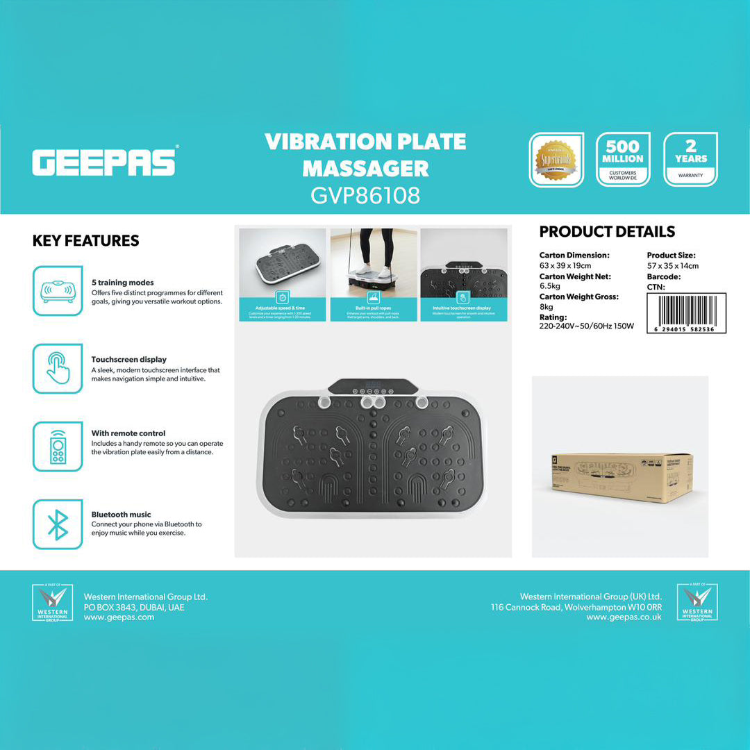 Geepas GVP86108 Vibration Plate Massager for Full Body Fitness Training | 5 Modes| Bluetooth Music | Touchscreen Display| Remote Control & Pull Ropes | For Home Workout
