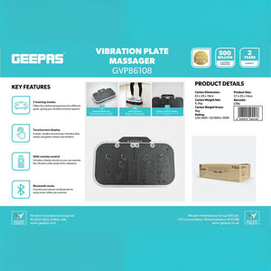Geepas GVP86108 Vibration Plate Massager for Full Body Fitness Training | 5 Modes| Bluetooth Music | Touchscreen Display| Remote Control & Pull Ropes | For Home Workout