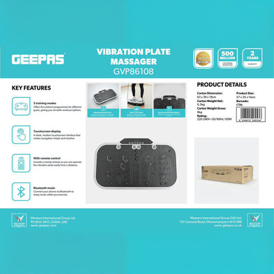 Geepas GVP86108 Vibration Plate Massager for Full Body Fitness Training | 5 Modes| Bluetooth Music | Touchscreen Display| Remote Control & Pull Ropes | For Home Workout