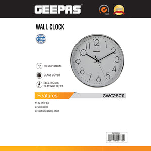 Geepas GWC26011 Wall Clock | Elegant 3D Silver Dial| Glass Cover| Electronic Plating Finish| Durable & Stylish Design| 2-Year Warranty |Perfect for Home or Office Décor