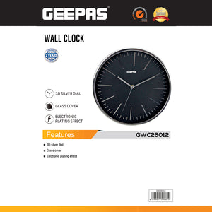 Geepas GWC26012 Wall Clock | Modern Design with 3D Silver Dial | Glass Cover| Electronic Plating Effect| Stylish & Durable Wall Clock for Home or Office| 2-Year Warranty
